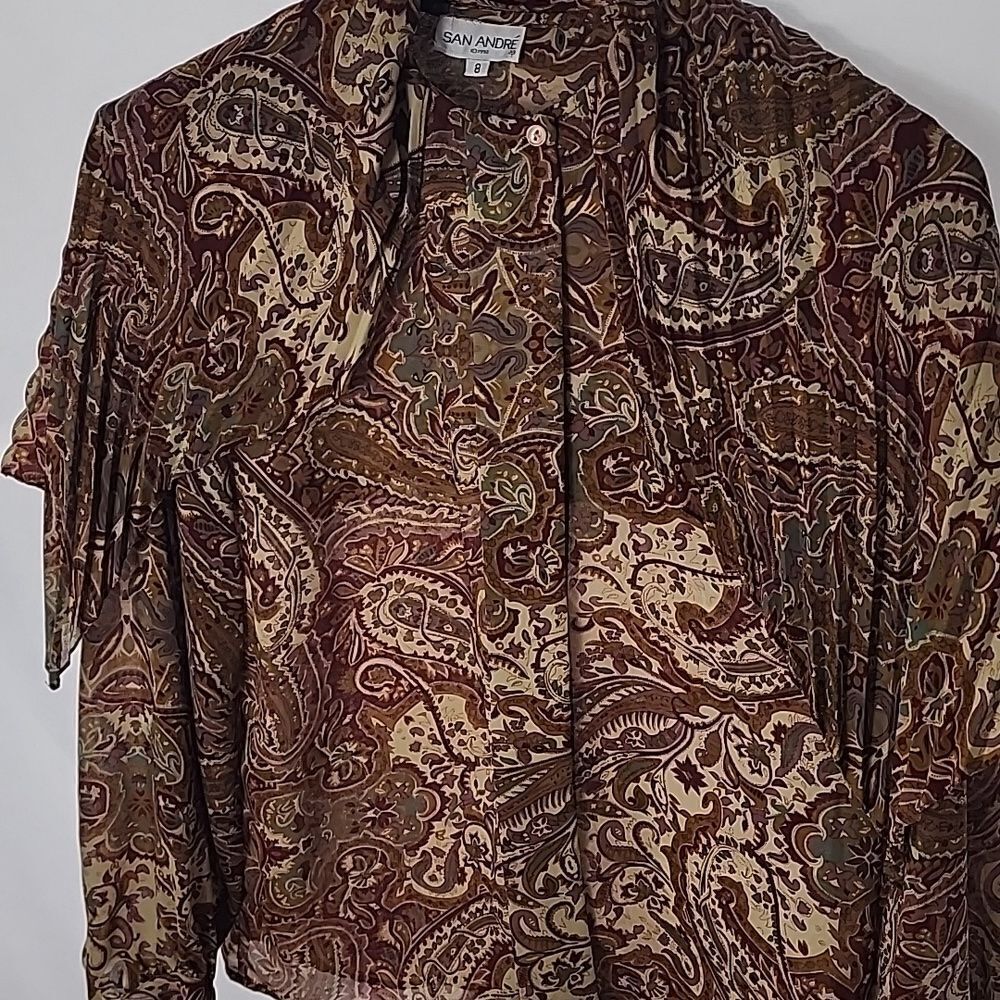 Vintage Blouse Paisley Scroll Floral With Attached Matching Pleated Cape